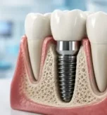 Close-up 3D cross-section of a dental implant showing a titanium post embedded in the jawbone and supporting a natural-looking dental crown, surrounded by gum tissue and adjacent teeth.