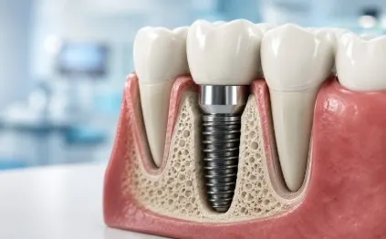 Close-up 3D cross-section of a dental implant showing a titanium post embedded in the jawbone and supporting a natural-looking dental crown, surrounded by gum tissue and adjacent teeth.