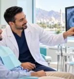 Male dentist explaining a panoramic dental X-ray to a young male patient in a modern dental clinic