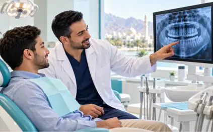 Male dentist explaining a panoramic dental X-ray to a young male patient in a modern dental clinic