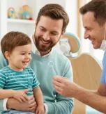 A friendly male paediatric dentist Muscat showing a small dental mirror to a happy toddler sitting on his father's lap.